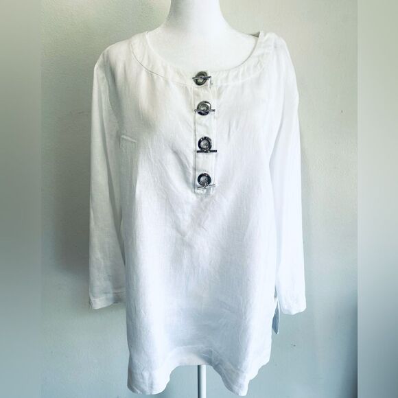 JM collection 100% linen shirt white tunic summer beach resort vacation women 18 - Picture 4 of 8
